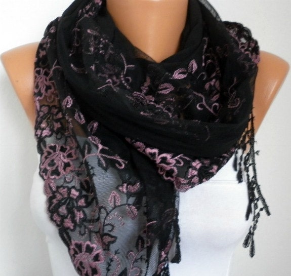 Pink Black Scarf - Headband Necklace Cowl with Lace Edge
