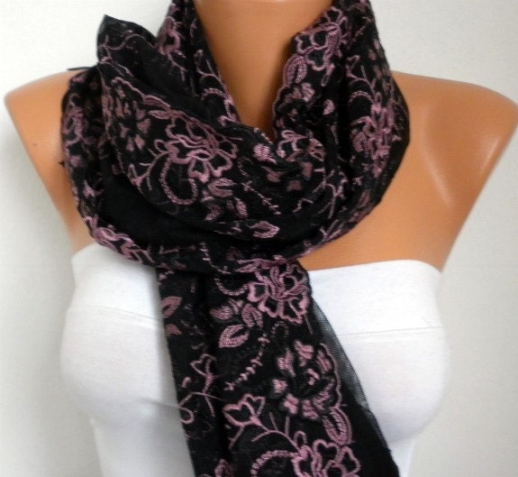 Pink Black Scarf - Headband Necklace Cowl with Lace Edge