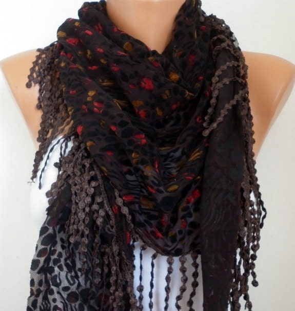 Red Black Scarf -  Shawl Scarf -  Cowl Scarf with Fringe - fatwoman