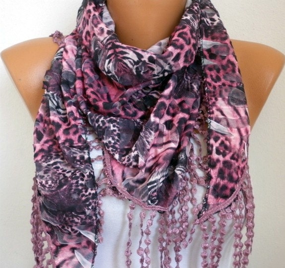 Pink Leopard Scarf -  Cowl  Scarf with Lace Edge - fatwoman