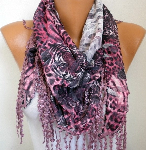 Pink Leopard Scarf -  Cowl  Scarf with Lace Edge - fatwoman