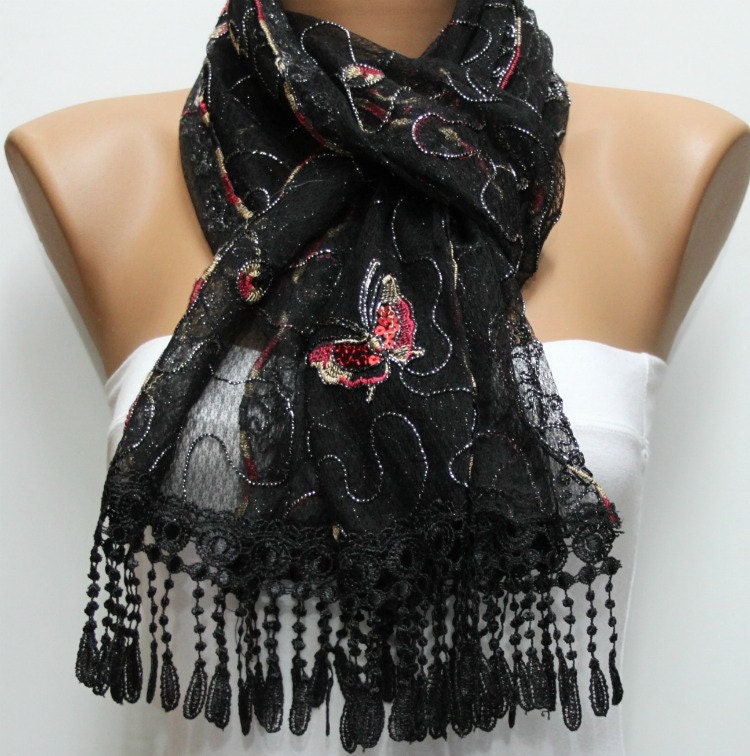 Red Black Scarf -  Cowl with Lace Edge - Butterfly Scarf with Sequin
