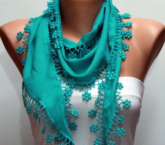 Teal Scarf - Pashmina Scarf - Cowl with Lace Edge