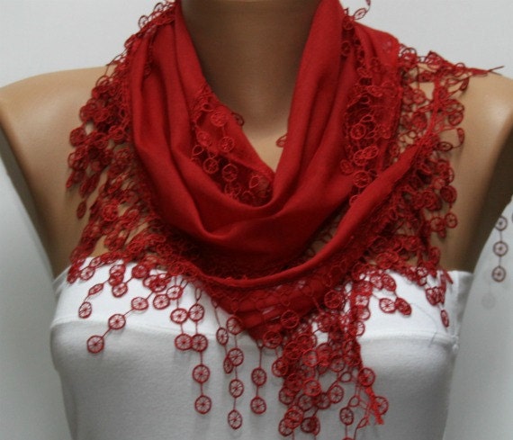 Red Scarf  - Cotton  Scarf -  Cowl with Lace Edge   -