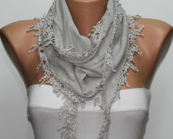 Gray Scarf  - Cotton  Scarf -  Cowl with Lace Edge   -