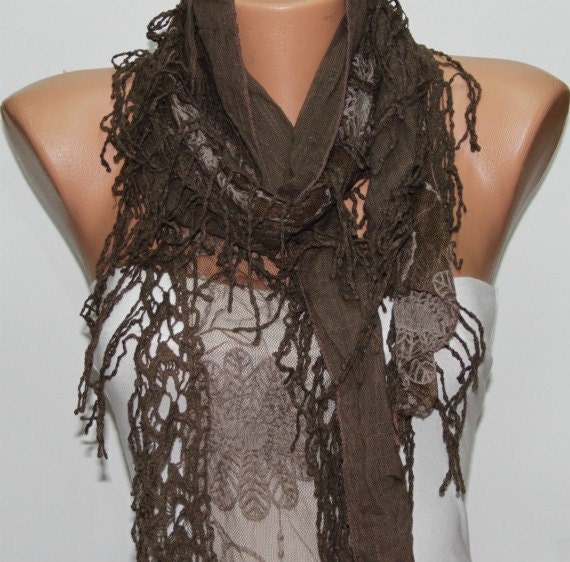 Brown Shawl Scarf - Cowl with Lace Edge