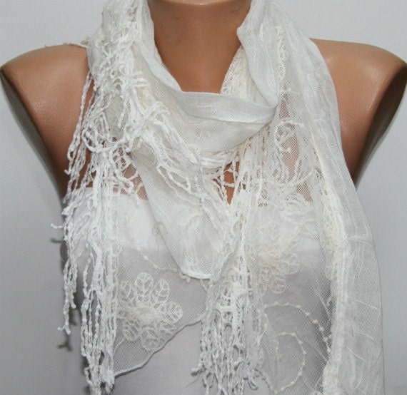 Creamy White Shawl Scarf -  Cowl  Scarf - fatwoman bridesmaid gift with Lace Edge Lace Shawl Lace Scarf