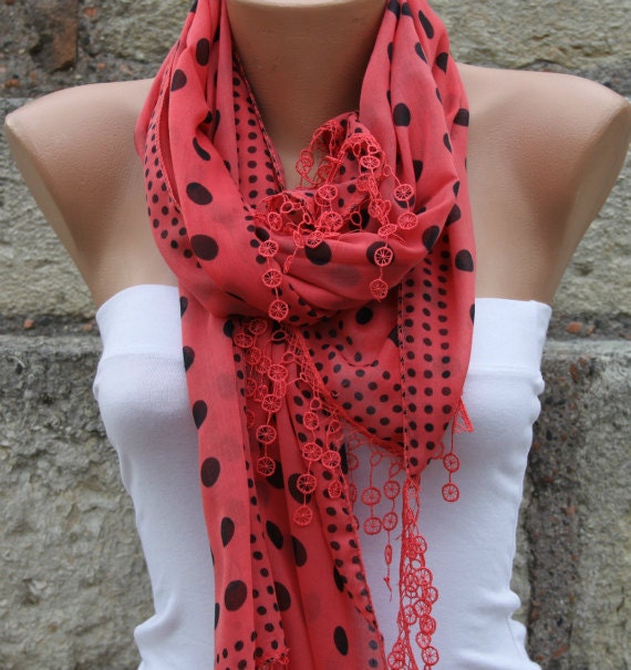 Polka Dot Scarf - Red  Scarf -  Cotton Scarf  Cowl with  Lace Edge - fatwoman