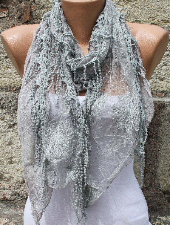 Gray Shawl Scarf -  Cowl with Lace Edge bridesmaid gift - fatwoman