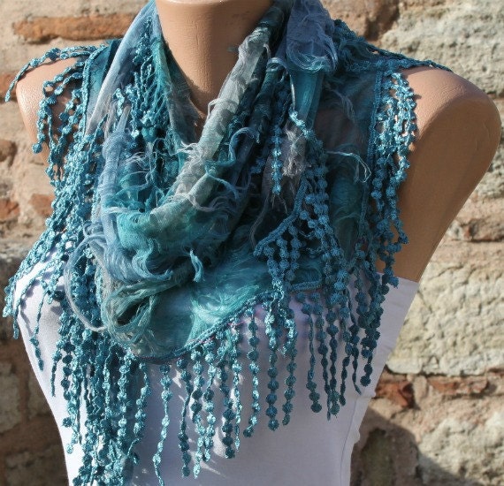 BIG SALE Blue Scarf - Cowl with Lace Edge - Fatwoman