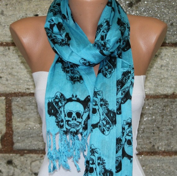 Blue Skull Scarf - Fabric Large Skulls - fatwoman
