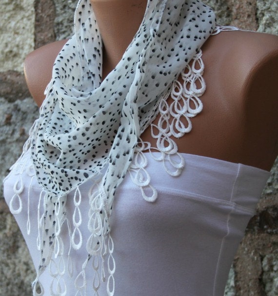 Polka Dot Scarf - Shawl - Cowl with Lace Edge White - fatwoman - Bridesmaids Gifts