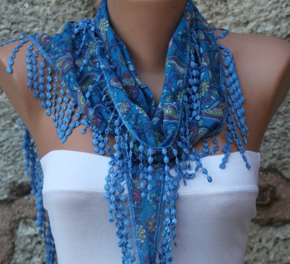 Blue Scarf - Cowl with Lace Edge