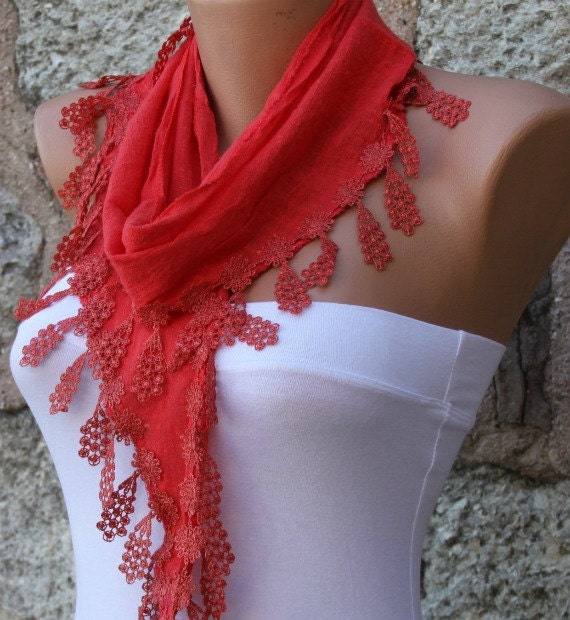 Red Scarf - Cotton Scarf - Cowl with Lace
