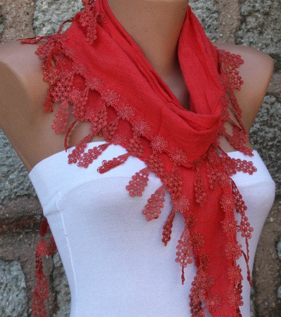 Red Scarf - Cotton Scarf - Cowl with Lace