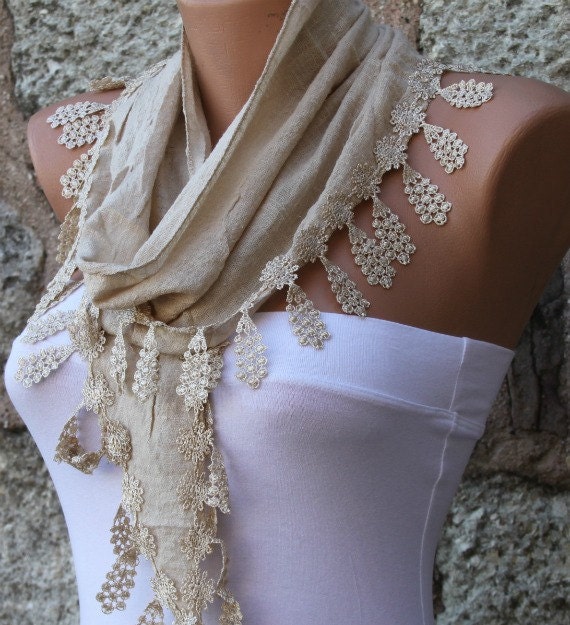 Beige Scarf - Cotton Scarf - Cowl with Lace