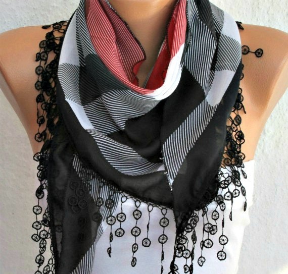 Plaid Scarf - Cotton Scarf Cowl Scarf with Lace Edge - fatwoman