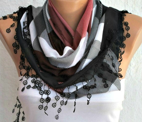 Plaid Scarf - Cotton Scarf Cowl Scarf with Lace Edge - fatwoman