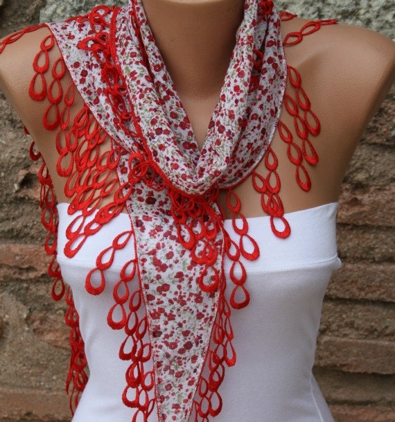 Multicolor Scarf  - Cotton Scarf -  Cowl with Red Lace Edge