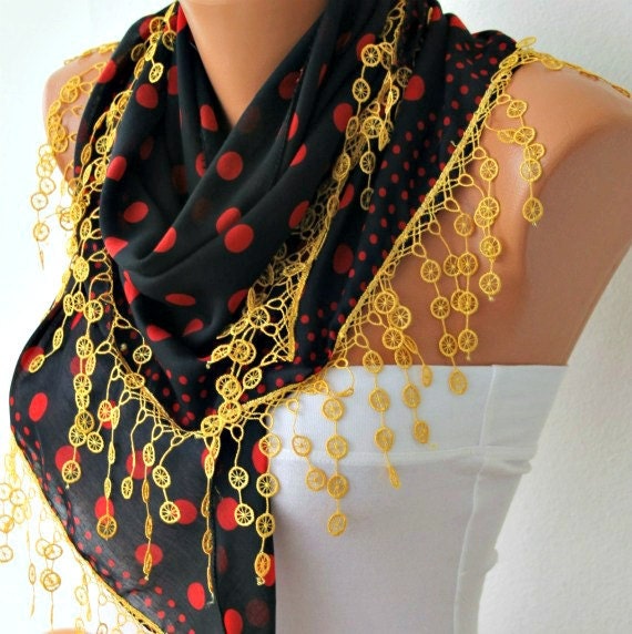 BIG SALE Polka Dot  Scarf -  Cotton Scarves - Cowl with  Lace Edge - black