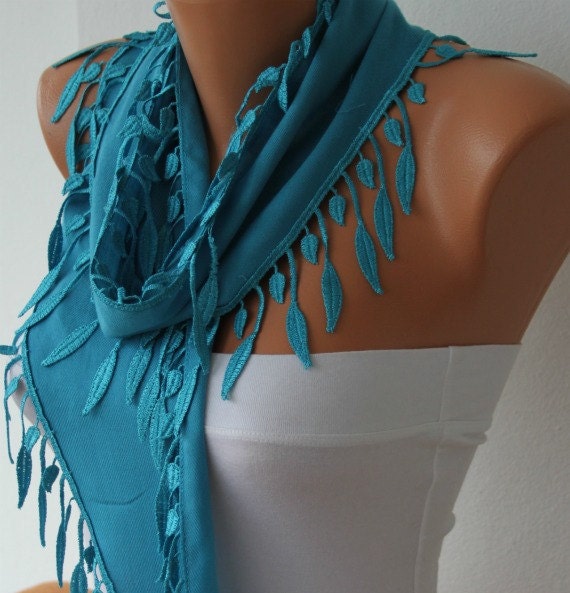 Pashmina Scarf  -  Cowl with Lace Edge - Dodger Blue Scarf