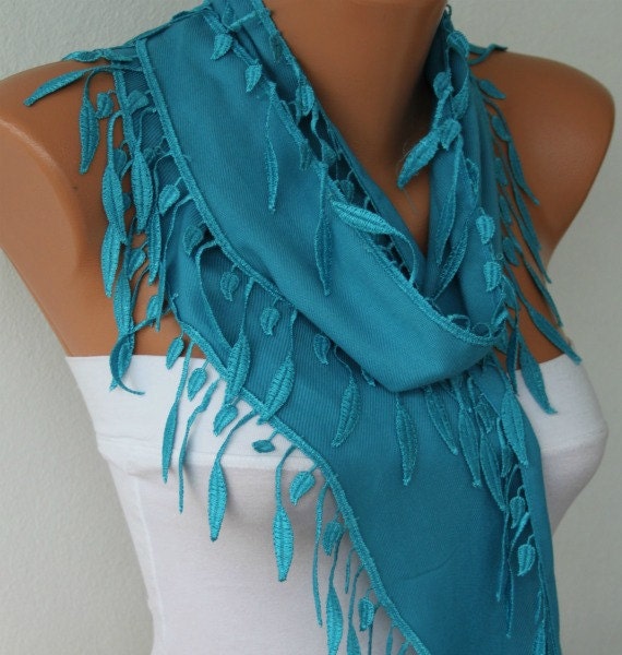 Pashmina Scarf  -  Cowl with Lace Edge - Dodger Blue Scarf