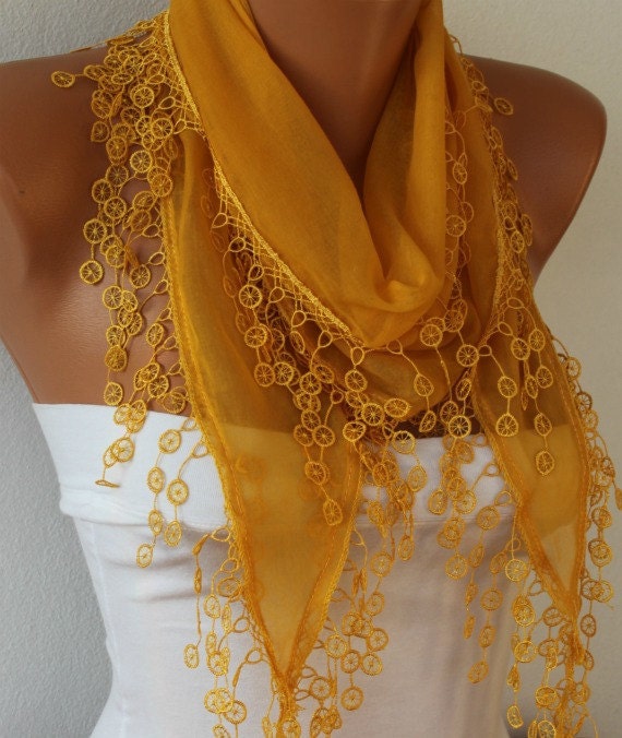 Cotton  Scarf - Shawl -  Cowl with Lace Edge   - Mustard - fatwoman