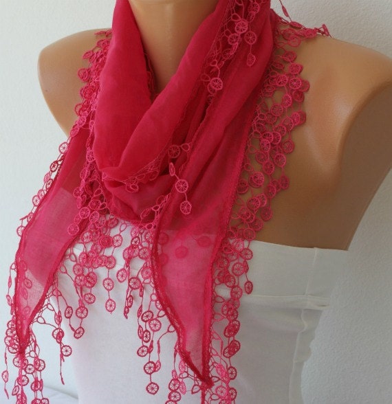 Hot Pink  Scarf  - Cotton  Scarf -  Shawl - Cowl with Lace Edge   - fatwoman