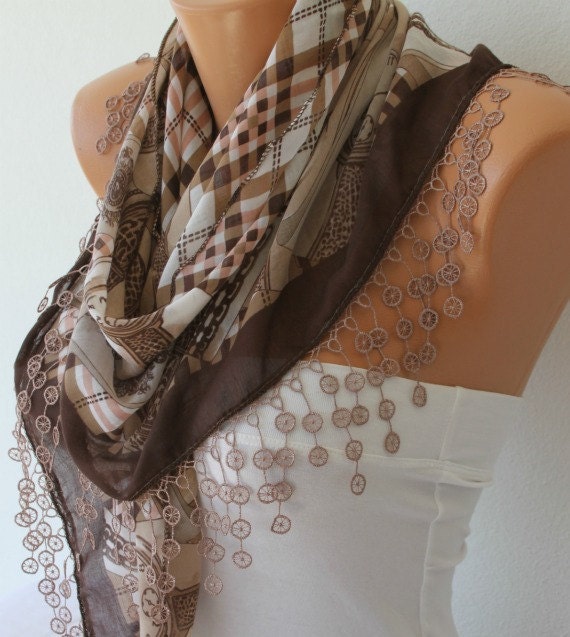 Cotton Scarf - Cowl Scarf - Shawl with Lace Edge - Brown Tones