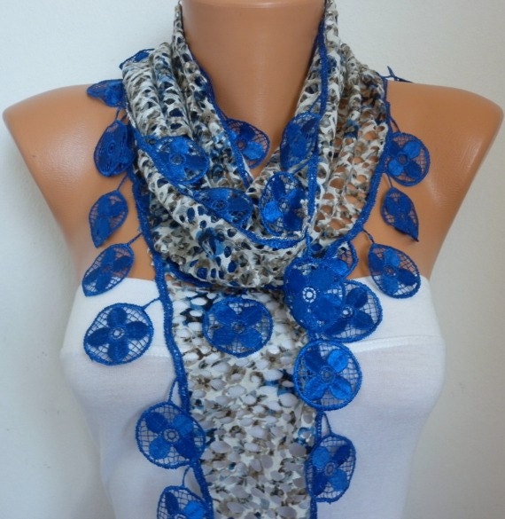 Gray Blue Scarf Shawl Cowl with  Lace Edge
