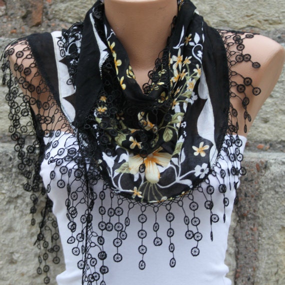 Black Scarf - Cotton Scarf - Cowl Scarf with Lace Edge - fatwoman