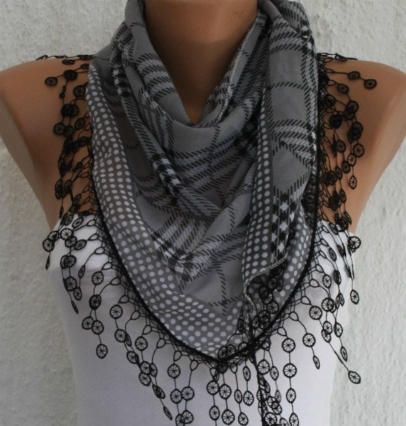 Gray Plaid  Scarf -  Cotton Scarf  Cowl Scarf with  Lace Edge - fatwoman
