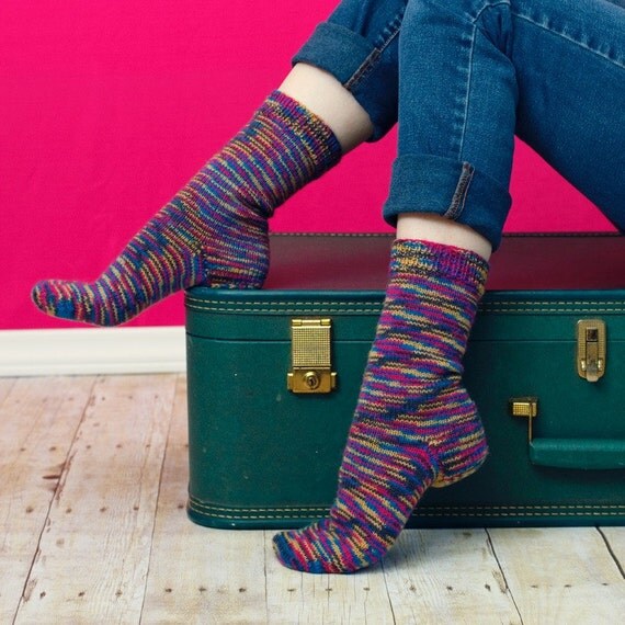 Socks knitted (Size US 8.5-9, UK 6-6.5, Europe 39-40) pink blue yellow