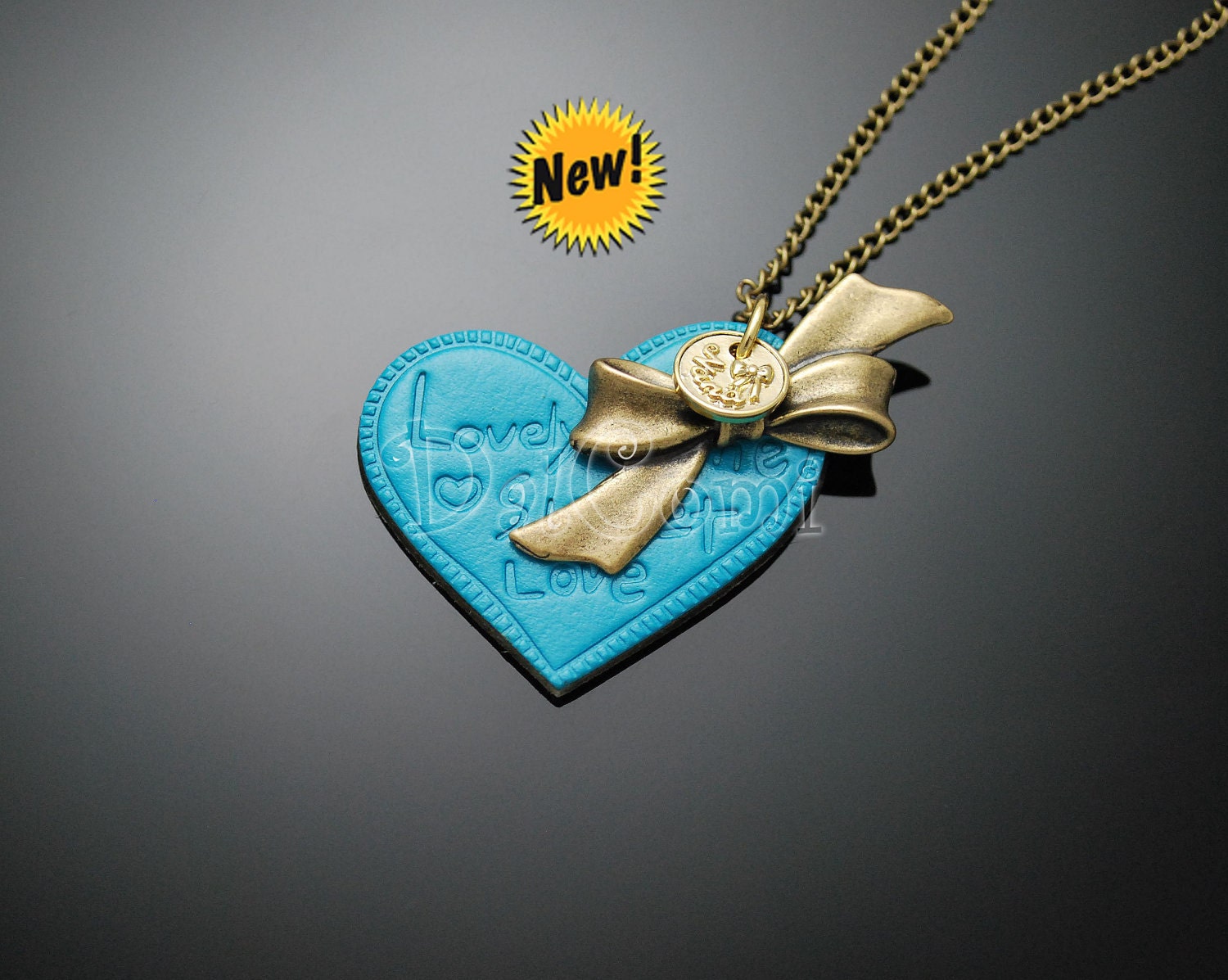 B73-Sky Blue Leather Heart Necklace