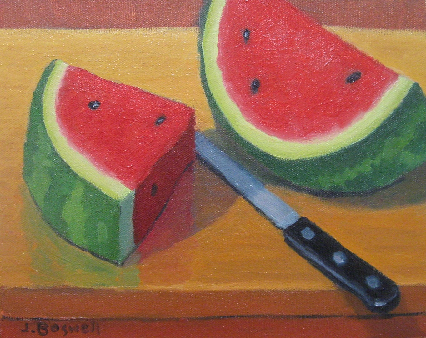 Jennifer Boswell Original Modern Impressionist Oil Painting Still Life "Watermelon on Cutting Board" 8x10