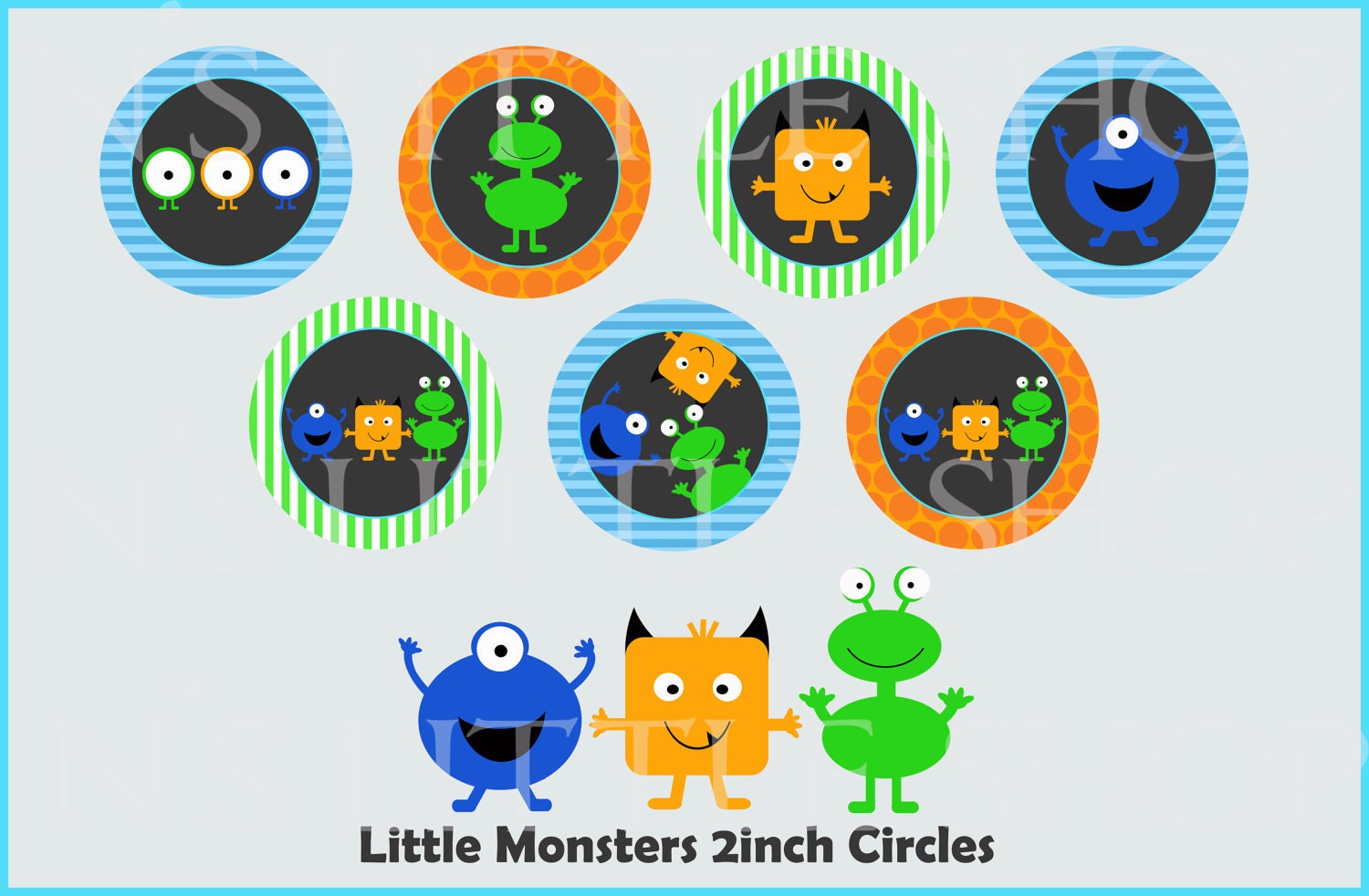 LITTLE MONSTERS 2inch circles, can be used for cupcake toppers, to close an envelop, embellishment for cups, hats and more