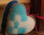 ON SALE Felt Heart Handmade in Canada Pure Wool Turquoise White and Blue OOAK