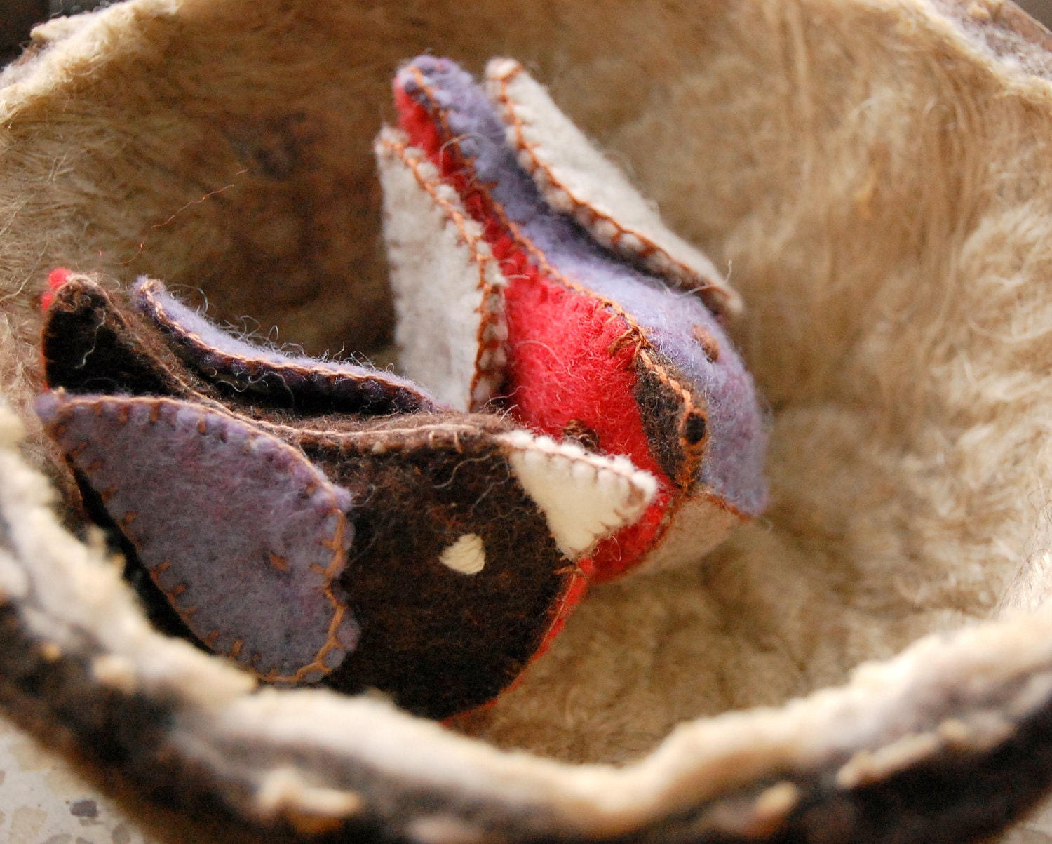 Felt Love Birds Brown Lavender Red White Pure Wool Made in Canada OOAK