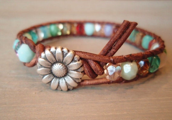 Colorful leather wrap bracelet, "RainBow", Shabby chic, turquoise, red, brown leather, silver daisy flower, multi colored boho chic - slashKnots