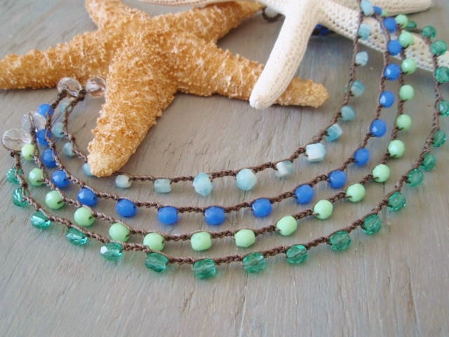 Surfer chic crochet anklet "Periwinkle" neon blue opal glass, waterproof beach jewelry, bohemian surfer beach chic