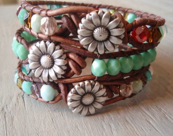 Boho leather wrap bracelet, "Country Girl", Shabby chic, turquoise, silver daisy flower, featured in ETSY FASHION Ultimate Jewelry Guide