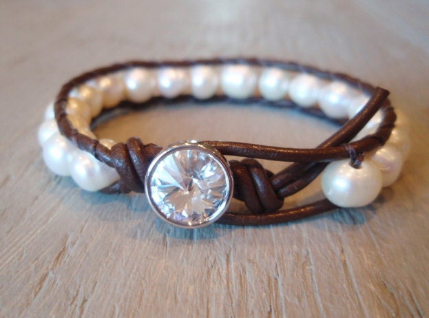 Freshwater pearl leather wrap bracelet - Diamonds & Pearls - luxe ivory white pearls, dark brown leather, rhinestone, bohemian jewelry