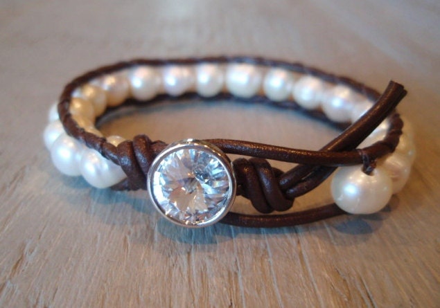 Freshwater pearl leather wrap bracelet - Diamonds & Pearls - luxe ivory white pearls, dark brown leather, rhinestone, bohemian jewelry