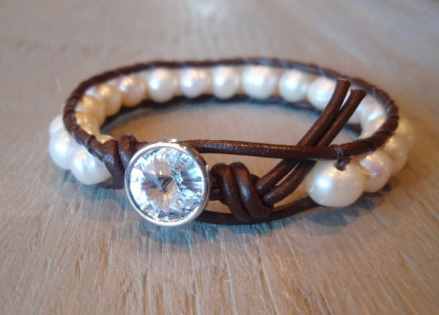 Freshwater pearl leather wrap bracelet - Diamonds & Pearls - luxe ivory white pearls, dark brown leather, rhinestone, bohemian jewelry