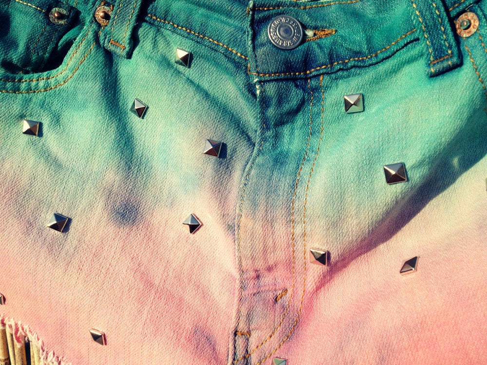 Vintage Levi's Denim High Waisted Shorts / Tie Dye Ombre / Studded