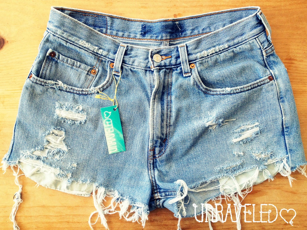 Destroyed High Waisted Shorts, Levis, Lace Pockets (Size MEDIUM- LARGE) 1040