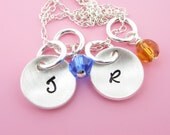 Hand Stamped 2 Domed Petite Initials Charms Necklace  with Birthstones in Sterling Silver