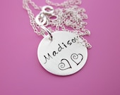 Hand Stamped One name Sterling silver disc Necklace with sweet hearts