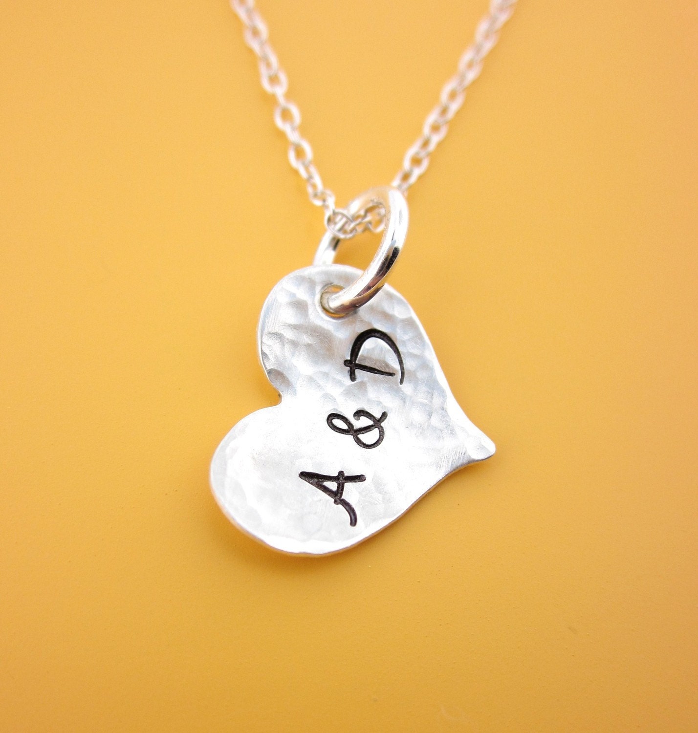 Hand Stamped Sterling Silver Hammered and Domed Heart Initial Necklaces