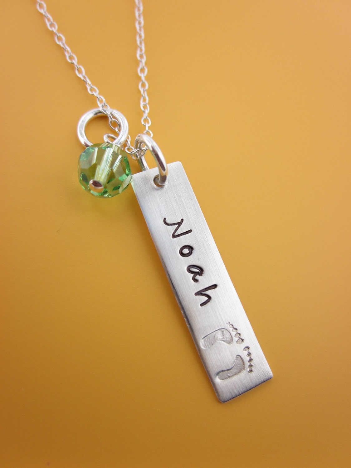 Hand Stamped Necklace - One Name charm with solid baby feet print and birthstone